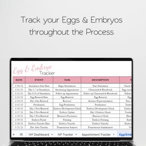 以下が含まれることがあります： 「Egg & Embryo Tracker」というピンクのヘッダーが表示されたスプレッドシートがコンピューター画面に表示されています。スプレッドシートは、「日付」、「イベント」、「タスク」、「説明」、「メモ」というラベルの付いた列に分割されています。スプレッドシートには、刺激、卵子の回収、受精、胚の移植など、体外受精の段階に関する情報が含まれています。