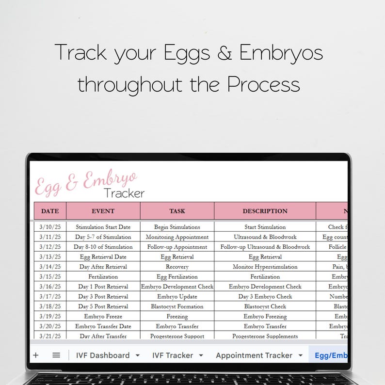 以下が含まれることがあります： 「Egg & Embryo Tracker」というピンクのヘッダーが表示されたスプレッドシートがコンピューター画面に表示されています。スプレッドシートは、「日付」、「イベント」、「タスク」、「説明」、「メモ」というラベルの付いた列に分割されています。スプレッドシートには、刺激、卵子の回収、受精、胚の移植など、体外受精の段階に関する情報が含まれています。