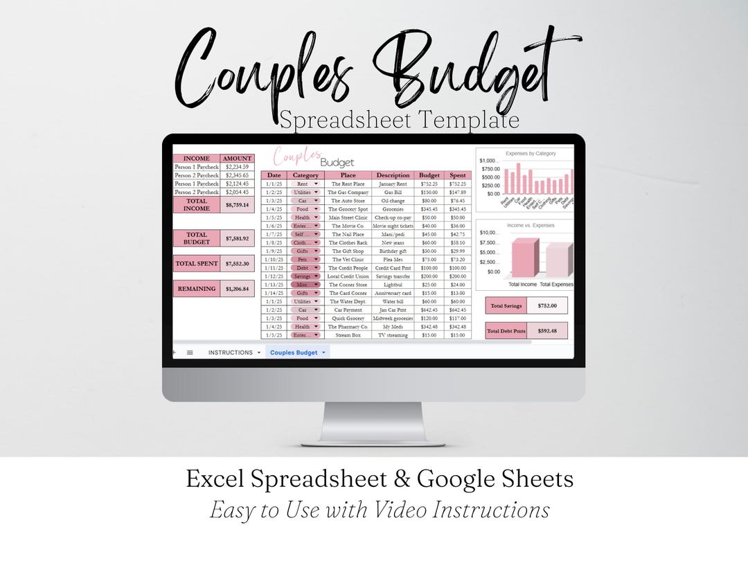 Couples Budget Google Sheets Template, Family Budget Excel Spreadsheet