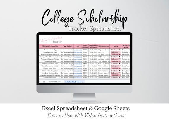 Scholarship Tracker Spreadsheet Template, College Scholarship Tracker Template Google Sheet, College Planning Scholarships Excel Spreadsheet