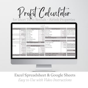 Rental Profit Calculator, Cost Benefit Analysis, Short Term Rental Property ROI Calculator, Cash Flow Excel Spreadsheet