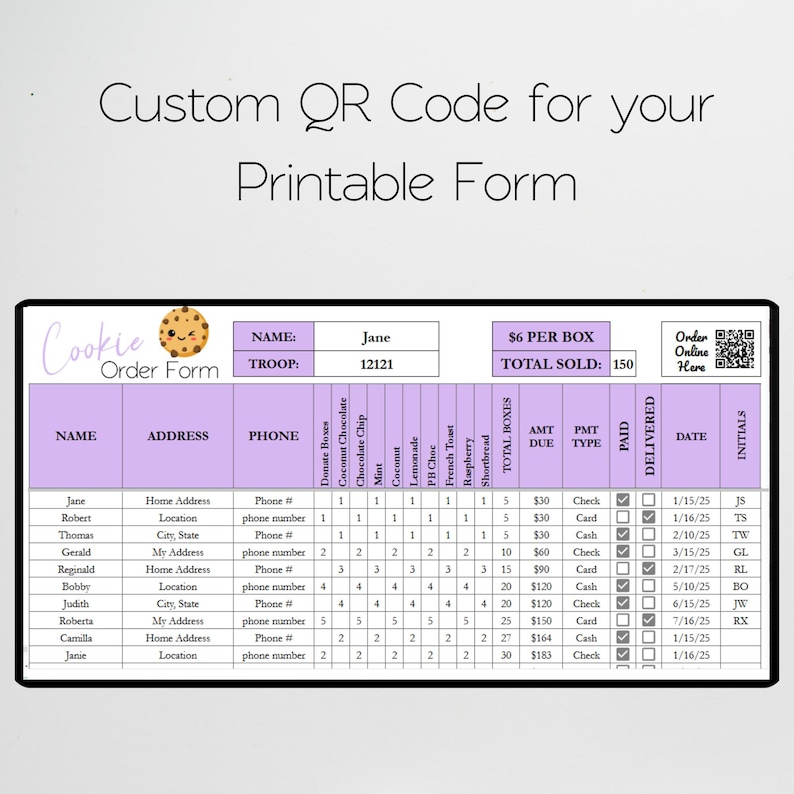 Cookie Order Form Template with QR Code, Printable Order Form 2026, Editable Google Sheet, Girl Troop Cookie Sales Forms Excel, Fundraiser image 8