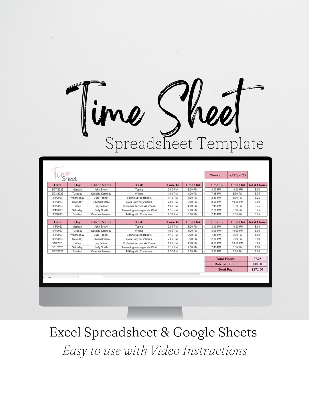 Time Sheet Tracker, Employee Time Tracker, Weekly Time Sheet, Biweekly ...