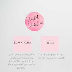 Op de afbeelding: Roze aquarelgrafiek met de tekst "Digitaal downloaden" in zwart. Onder de grafiek bevinden zich twee roze vierkanten met de tekst "DOWNLOADEN:" en "TRACK" in zwart. De tekst onder de vierkanten legt uit hoe je je aankopen kunt downloaden en volgen.