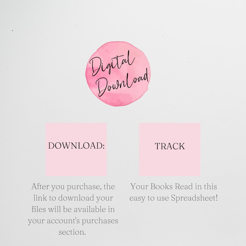 Op de afbeelding: Roze aquarelgrafiek met de tekst "Digitaal downloaden" in zwart. Onder de grafiek bevinden zich twee roze vierkanten met de tekst "DOWNLOADEN:" en "TRACK" in zwart. De tekst onder de vierkanten legt uit hoe je je aankopen kunt downloaden en volgen.