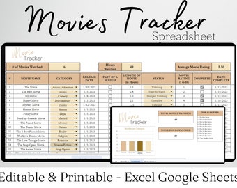 Movie Tracker Excel Spreadsheet, Movies Tracking Google Sheets, Film Tracker, Movie Journal, Movies Checklist, Movie Watch List Digital