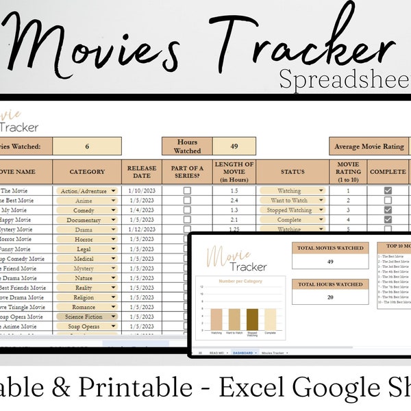 Movie Tracker Excel Spreadsheet, Movies Tracking Google Sheets, Film Tracker, Movie Journal, Movies Checklist, Movie Watch List Digital