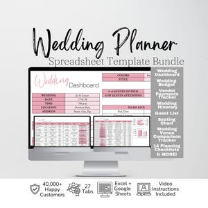 Könnte beinhalten: Ein Computermonitor, der ein Tabellenkalkulations-Vorlagenpaket für Hochzeitsplaner anzeigt. Der Bildschirm zeigt ein Dashboard mit rosa und weißen Tabellen, einschließlich Feldern für Hochzeitsdatum, Ort und Gästeanzahl. Eine Seitenleiste listet Funktionen wie Budget und Sitzplan auf.