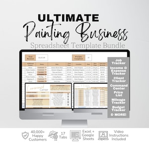 Può includere: Un pacchetto di modelli di fogli di calcolo digitali per imprese di verniciatura visualizzato su un monitor di computer. L'interfaccia presenta tabelle per il monitoraggio dei lavori, entrate, spese e gestione dei clienti, con il titolo Ultimate Painting Business.