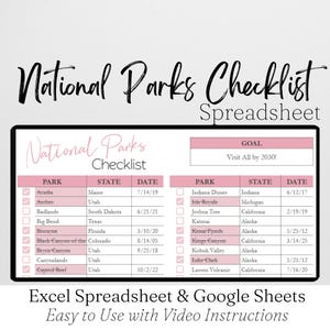National Parks Checklist Template Google Sheets, United States Travel Tracker, 63 US National Park List Bucket List Travel Lover Spreadsheet