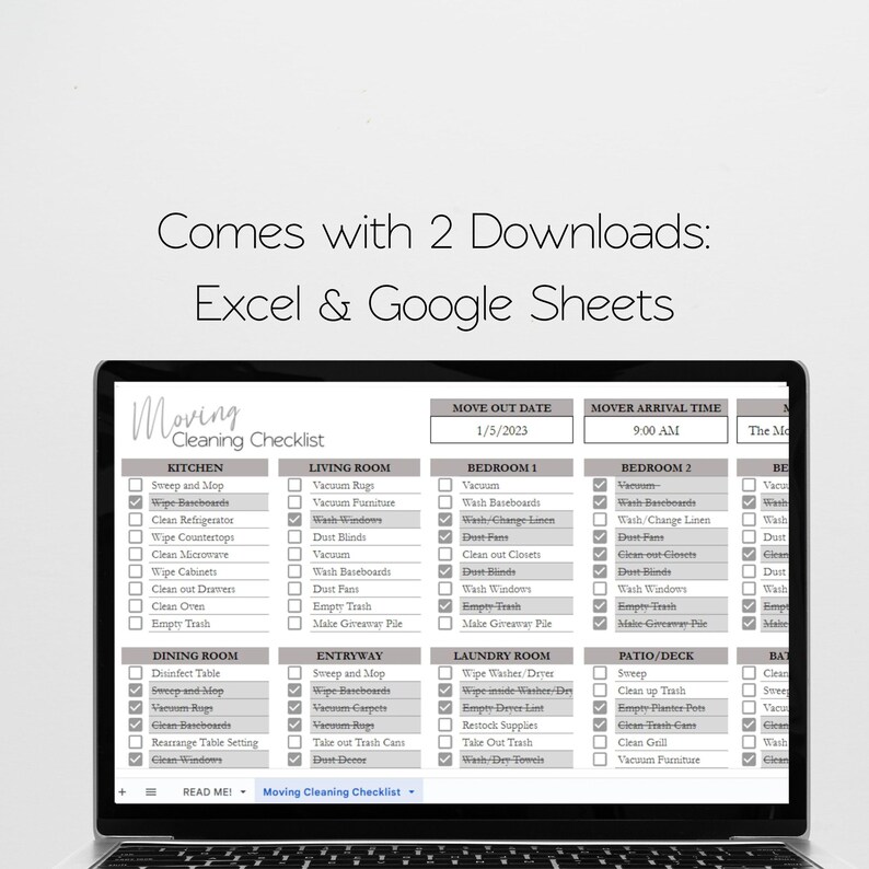 May include: A digital moving cleaning checklist displayed on a laptop screen, featuring columns for kitchen, living room, bedrooms, and other areas. The text reads: Comes with 2 Downloads: Excel & Google Sheets, Moving Cleaning Checklist, and various tasks.