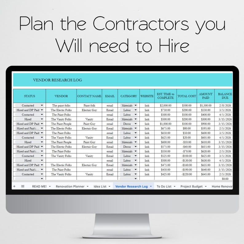 Home Remodel Planner, Remodeling Budget, Home Project Interior Design Google Sheets, Home Building, House Project Planning Excel Spreadsheet image 6