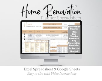 Home Improvement Planner Template, Home Remodel Planner Budget, Home Project Interior Design Google Sheets, Home Building, Excel Spreadsheet