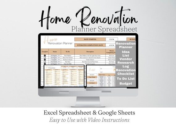 Home Improvement Planner Template, Home Remodel Planner Budget, Home Project Interior Design Google Sheets, Home Building, Excel Spreadsheet