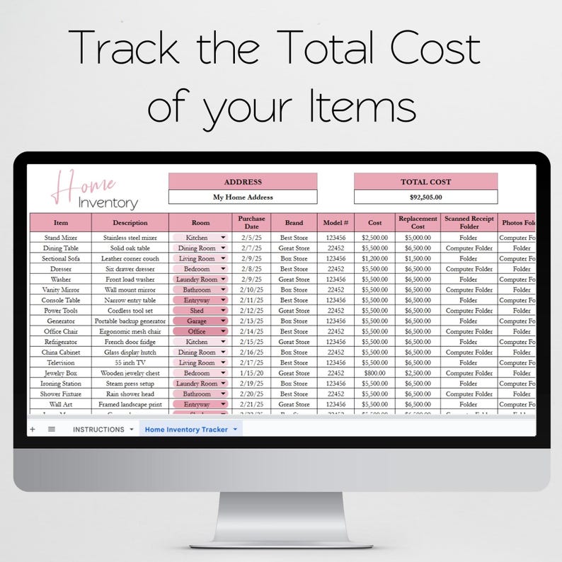 Home Inventory Template, Home Inventory Checklist, Home Inventory Spreadsheet Home Inventory tracker Personal Property Valuables Spreadsheet image 6