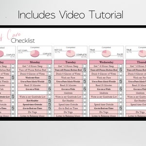 May include: A pink and white printable self-care checklist with a checklist for each day of the week: Sunday, Monday, Tuesday, Wednesday, and Thursday. The checklist includes items like get 7-8 hours of sleep, turn off phone before bed, drink 8 glasses of water, wash your face, use a face mask weekly, read 20 minutes, go on a walk, meditate, write in your gratitude list, eat healthy, spend time outside, go to bed on time, do yoga, and listen to relaxing music.