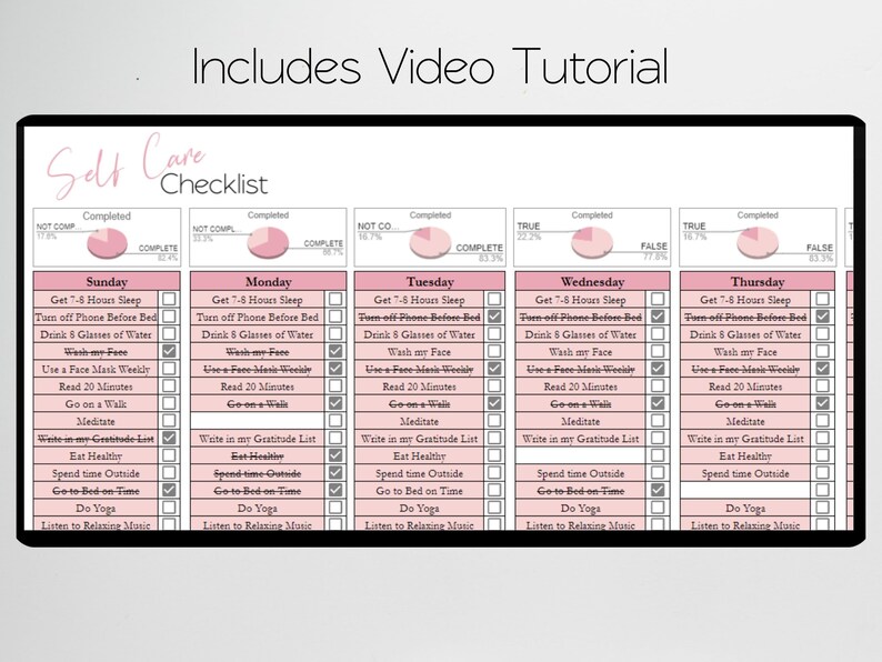 May include: A pink and white printable self-care checklist with a checklist for each day of the week: Sunday, Monday, Tuesday, Wednesday, and Thursday. The checklist includes items like get 7-8 hours of sleep, turn off phone before bed, drink 8 glasses of water, wash your face, use a face mask weekly, read 20 minutes, go on a walk, meditate, write in your gratitude list, eat healthy, spend time outside, go to bed on time, do yoga, and listen to relaxing music.