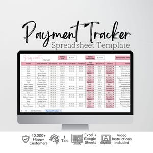 Pode incluir: Um monitor de computador exibindo um modelo de planilha Payment Tracker com colunas para nome, descrição, data de vencimento, valor devido, data de pagamento, valor pago, método de pagamento, saldo, status e notas com cabeçalhos rosa.