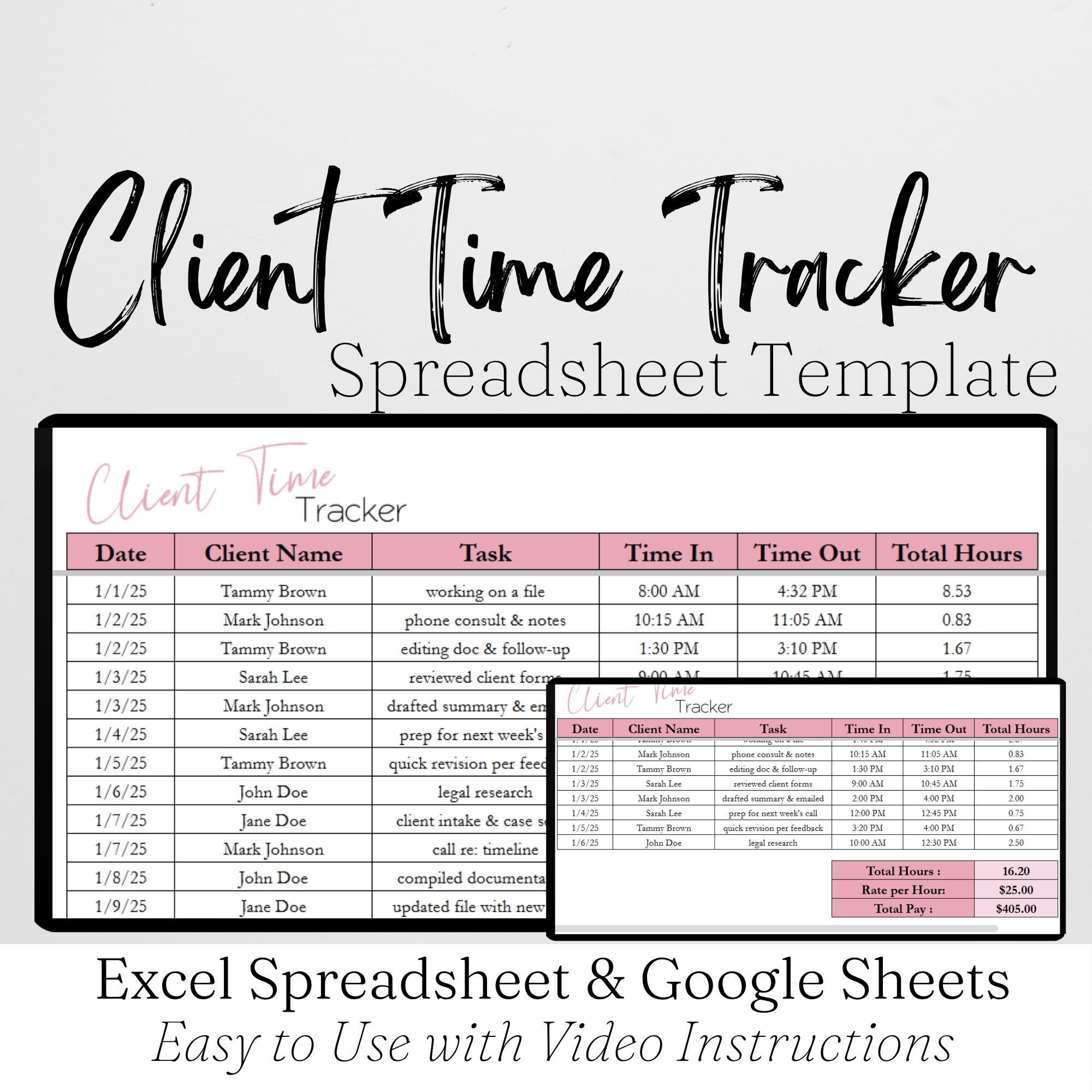 Client Time Tracker Excel Spreadsheet, Client Management Google Sheets, Work Tracker, Work Hours Tracker Project Time Tracking Log Case Mgmt