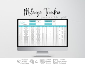 Pode incluir: Um modelo de planilha digital para rastreamento de quilometragem exibido em um monitor de computador. A tabela inclui colunas para data, descrição, locais, leituras do hodômetro, custos e taxas. O texto inclui Mileage Tracker Spreadsheet Template.