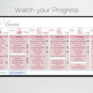 May include: A pink and white self-care checklist with a daily schedule for Sunday through Friday. The checklist includes items like getting 7-8 hours of sleep, turning off your phone before bed, drinking 8 glasses of water, reading for 20 minutes, meditating, and taking a hot shower. The checklist also includes a progress tracker for each day.