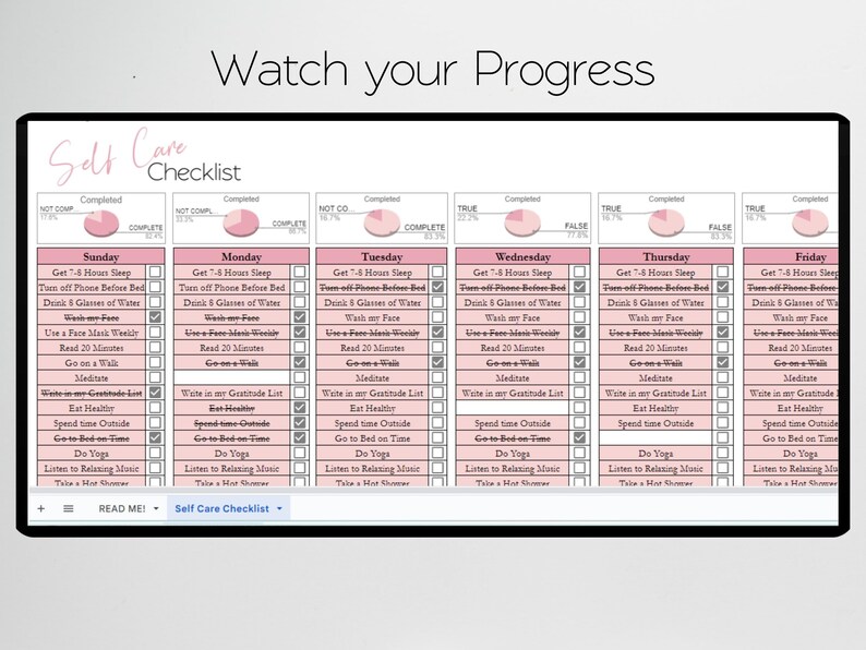 May include: A pink and white self-care checklist with a daily schedule for Sunday through Friday. The checklist includes items like getting 7-8 hours of sleep, turning off your phone before bed, drinking 8 glasses of water, reading for 20 minutes, meditating, and taking a hot shower. The checklist also includes a progress tracker for each day.