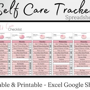 Self Care Tracker Excel Spreadsheet, Self Care Checklist Template, Selfcare Journal, Daily Journal, Digital Self Care Tracker Google Sheets