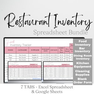 Restaurant Inventory Tracker Template Google Sheets, Bar Inventory Template, Kitchen Equipment Food Inventory List Restaurant Supplies Excel
