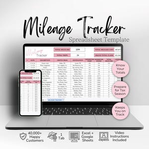 Op de afbeelding: Een digitaal spreadsheet-sjabloon voor kilometerregistratie weergegeven op een laptop- en smartphonescherm. De interface heeft roze kopteksten, kolommen voor datum, beschrijving en kilometertellerstanden, met de tekst Mileage Tracker.