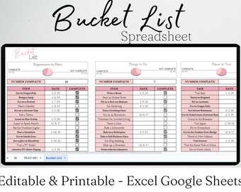 Bucket List Template Excel Spreadsheet, Bucket List Journal, Bucket List Google Sheets Editable , Bucket List Planner, To Do List Digital