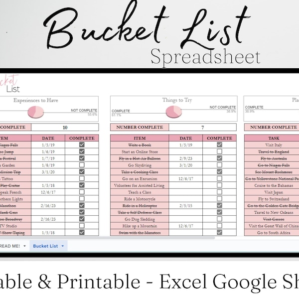 Bucket List Template Excel Spreadsheet, Bucket List Journal, Bucket List Google Sheets Editable , Bucket List Planner, To Do List Digital