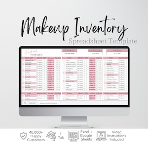 May include: A digital makeup inventory spreadsheet template displayed on a computer monitor. The interface features columns for skincare, face, eyes, lips, and tools, with pink headers and text fields for brand, quantity, and expiration dates.
