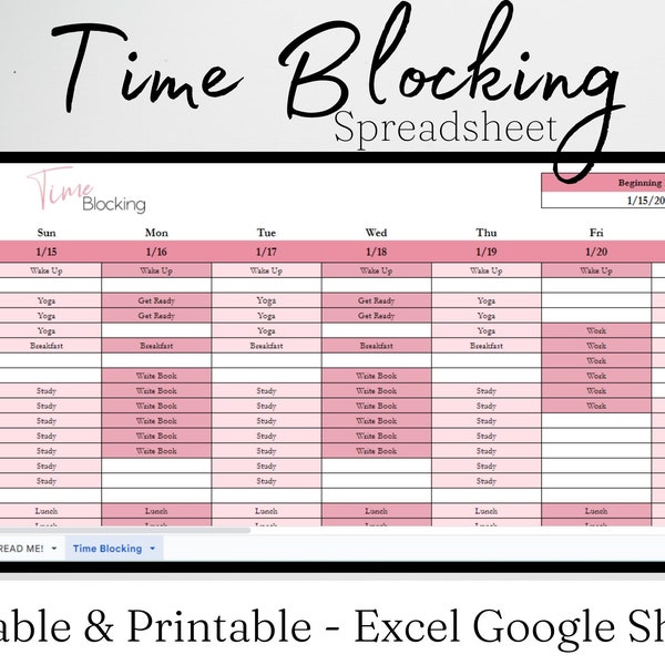 Time Blocking Template Google Sheet, Time Blocking Planner Excel Spreadsheet, Time Block Digital Planner, Editable Calendar Schedule Agenda