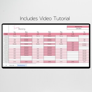 May include: A pink and white weekly planner with the title "Time Blocking" and the beginning date of 1/15/2023. The planner includes a time column from 5:00 AM to 1:00 PM and days of the week from Sunday to Saturday. Each day has a list of activities, including "Wake Up", "Yoga", "Get Ready", "Breakfast", "Study", "Write Book", "Meal Prep", and "Lunch".