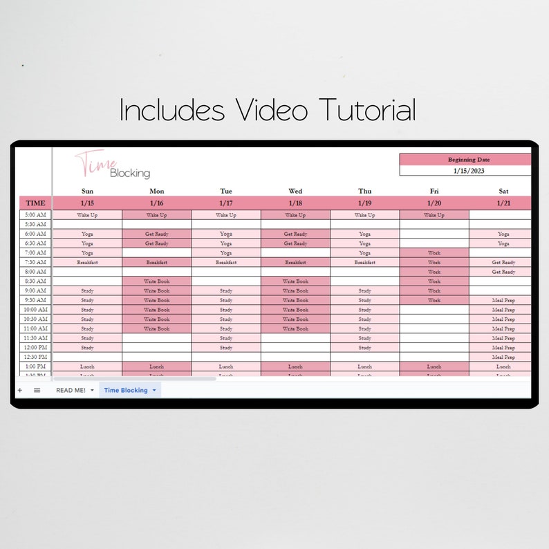 May include: A pink and white weekly planner with the title "Time Blocking" and the beginning date of 1/15/2023. The planner includes a time column from 5:00 AM to 1:00 PM and days of the week from Sunday to Saturday. Each day has a list of activities, including "Wake Up", "Yoga", "Get Ready", "Breakfast", "Study", "Write Book", "Meal Prep", and "Lunch".