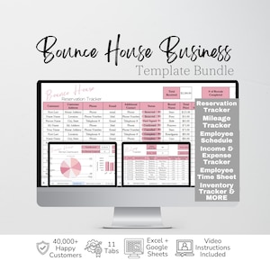 May include: A digital template bundle for a bounce house business displayed on a computer monitor. The screen shows a pink and white reservation tracker spreadsheet, a dashboard with charts, and a list of included tools like mileage and income trackers.