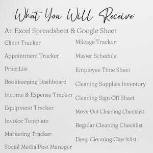 May include: A list of items, including an Excel spreadsheet, client tracker, appointment tracker, price list, bookkeeping dashboard, income & expense tracker, equipment tracker, invoice template, marketing tracker, and social media post manager. The text "What You Will Receive" is at the top.