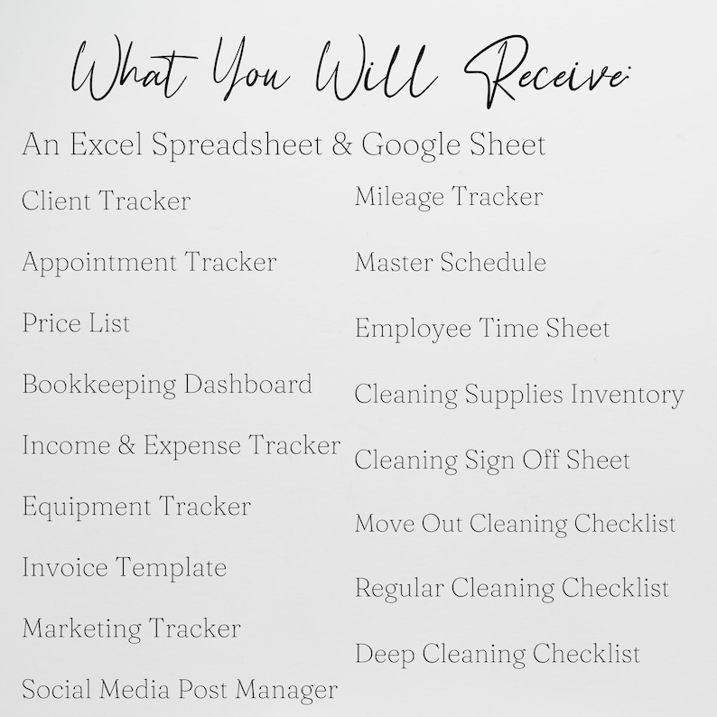 May include: A list of items, including an Excel spreadsheet, client tracker, appointment tracker, price list, bookkeeping dashboard, income & expense tracker, equipment tracker, invoice template, marketing tracker, and social media post manager. The text "What You Will Receive" is at the top.