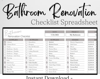Checkliste für die Badezimmerrenovierung Hauptrenovierung Google Sheets, Checkliste für die Umgestaltung des Badezimmers Excel-Arbeitsblatt, Home Bad Remodel Guide Planner