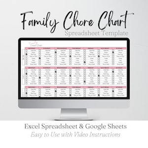 Chore Chart Spreadsheet, Weekly Checklist, Family Chores Editable for Adults Teens Kids - Google Sheets and Excel Spreadsheet Template
