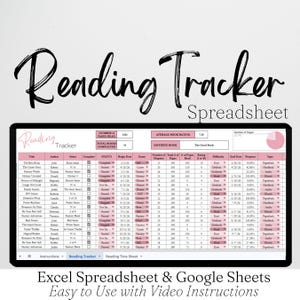 May include: A digital spreadsheet titled "Reading Tracker" with a black border. The spreadsheet displays book titles, authors, and reading progress. The text "Excel Spreadsheet & Google Sheets" is at the bottom.