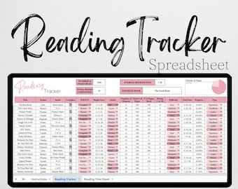 Op de afbeelding: Een digitale spreadsheet met de titel "Reading Tracker" met een zwarte rand. De spreadsheet toont boektitels, auteurs en leesvoortgang. De tekst "Excel Spreadsheet & Google Sheets" staat onderaan.