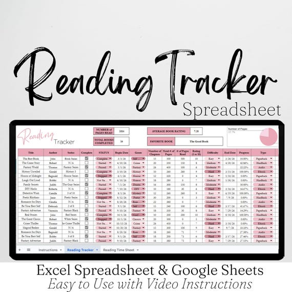 Reading Tracker Spreadsheet, Reading Template, Summer Reading Chart, Book Template, Book Journal Google Sheets, Reading Log, Reading Planner