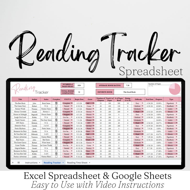 May include: A digital spreadsheet titled "Reading Tracker" with a black border. The spreadsheet displays book titles, authors, and reading progress. The text "Excel Spreadsheet & Google Sheets" is at the bottom.