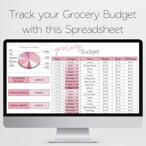 May include: A computer screen displays a grocery budget spreadsheet. The spreadsheet includes categories, dates, items, budgets, and spent amounts. The title reads "Track your Grocery Budget with this Spreadsheet."
