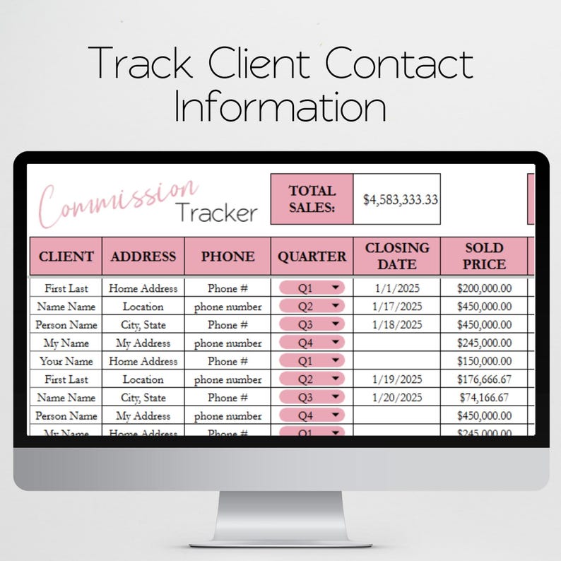 May include: A computer monitor shows a commission tracker spreadsheet. The pink-highlighted table includes columns for client details, closing dates, and sold prices. Total sales are &pound;3,620,000. The text at the top reads "Track Client Contact Information."