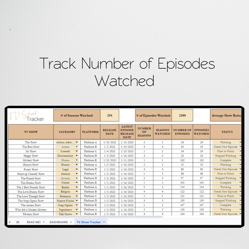 May include: A screenshot of a TV show tracker with a table listing the name of the show, category, platform, release date, latest episode release date, number of seasons, seasons watched, number of episodes watched, and status. The table is filled with data for various TV shows.