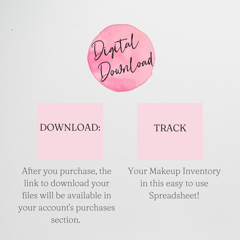 Pode incluir: Um gr&aacute;fico de download digital com um c&iacute;rculo de aguarela rosa e o texto Digital Download. Abaixo, dois quadrados cor-de-rosa com as etiquetas DOWNLOAD e TRACK, com instru&ccedil;&otilde;es sobre como aceder aos ficheiros e seguir um invent&aacute;rio de maquilhagem.