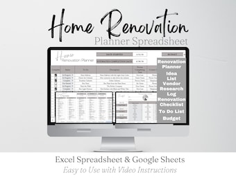 Home Renovation Checklist, Home Renovation Spreadsheet, Remodel Checklist, Kitchen Remodel, Bathroom Remodel, Interior Design Excel Google