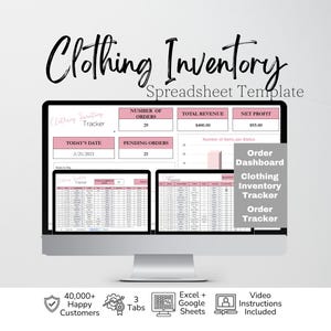 Puede incluir: Un monitor de computadora muestra una plantilla de hoja de cálculo de inventario de ropa con encabezados rosas. La pantalla presenta un panel de pedidos, un rastreador de inventario y un rastreador de pedidos con campos de datos.
